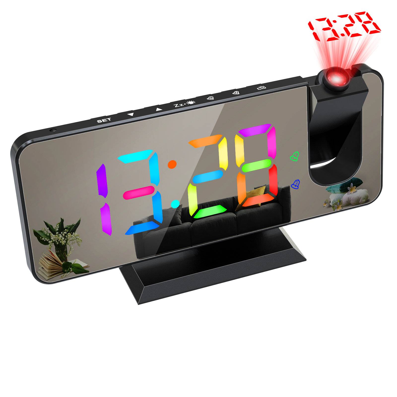 AGSIVO LED RGB Digital Projektionsväckarklocka med 180° roterbar projektor / 11 färger / Spegelyta / Snooze / 6-nivåers