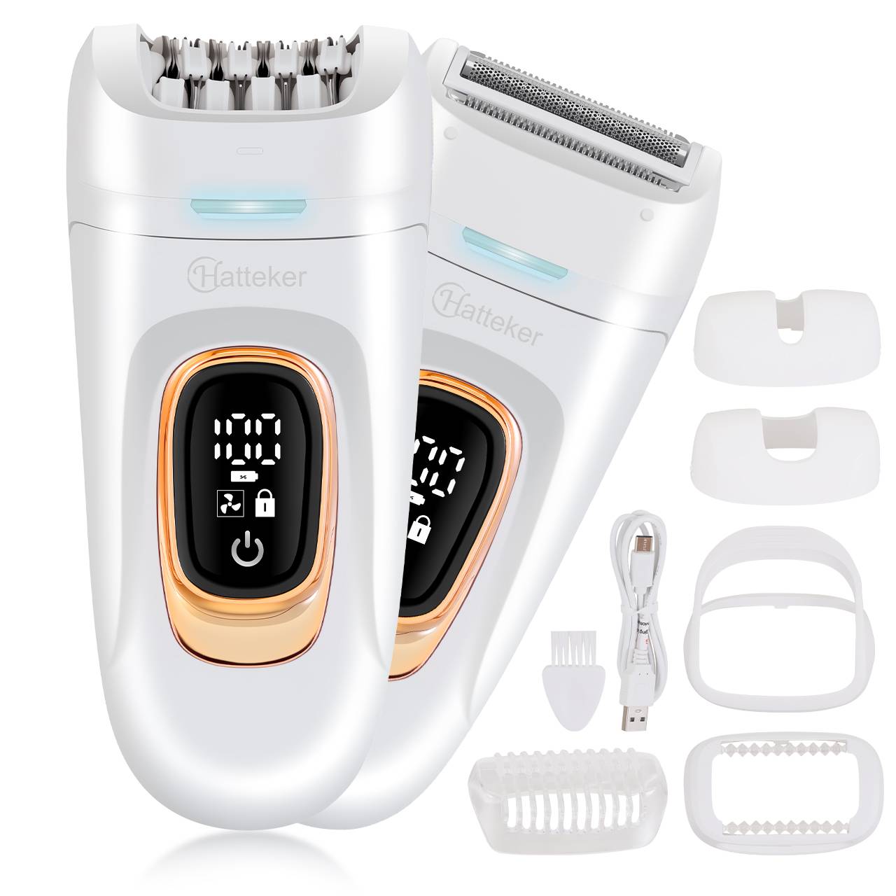 Hatteker 2-in-1 Epilator Hair Remover Leg Body Portable Lady Shaver Hair Removal Tool Underarms Facial Clipper for Women IPX7