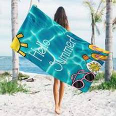 1pc 'hello Summer'letter Patterned Large Beach Towel, Ultrafine Fiber Beach Towel, Sports Towel, Suitable For Summer, Beach Party, Swimming Pool, Holiday, For Men, Women, Girls, Boys