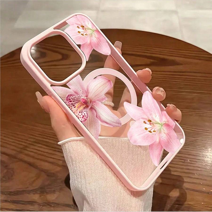 Pink Floral Lily Orchid Pattern-Pastel Magnetic Phone Case For iPhone 17 16 15 14 13 12 11 Pro Max 16 Plus 16E 17 Air Cover