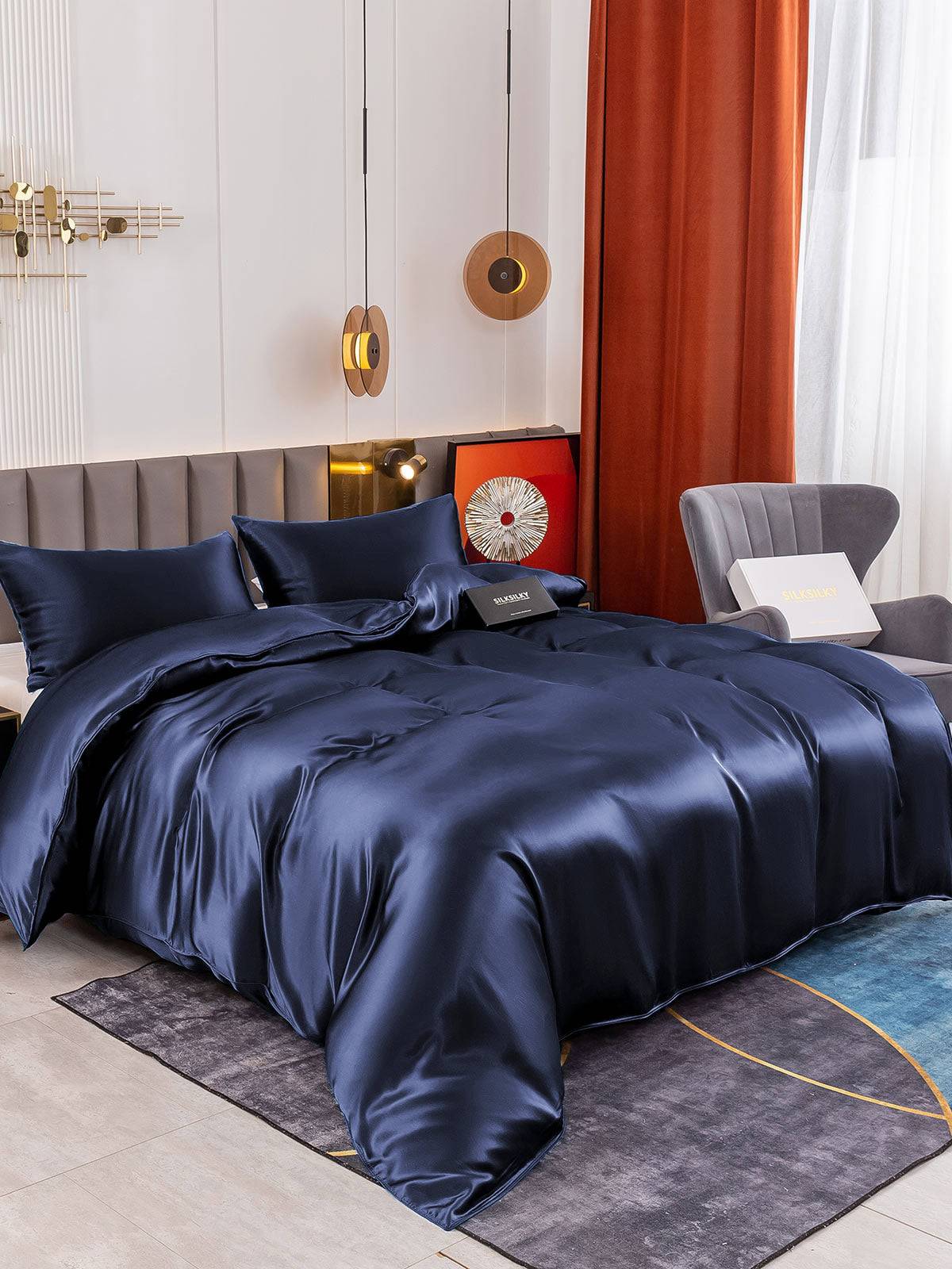 19Momme 3st Siden Sängkläder Set (Påslakan + 2x Örngott) - Mörkblå / 1.4m Säng(220x220cm+2x50x60cm)