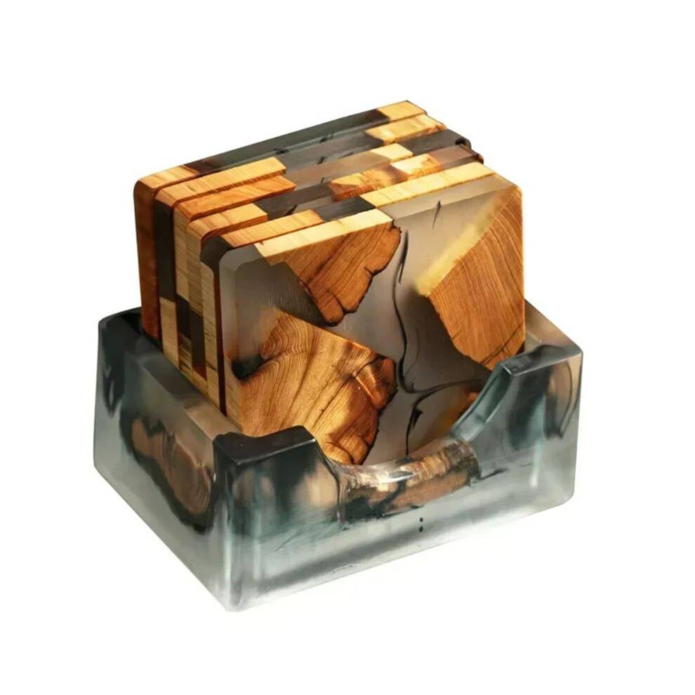 Wood Coasters Set with Epoxy Resin - Modern Coasters with Holder for Drinks, Includes 6 Coasters and Holder
