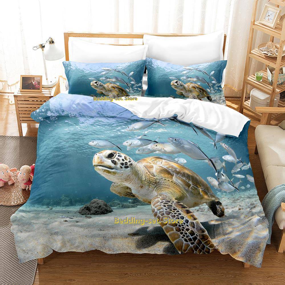 New World Turtles Sköldpaddsö Sängklädesset Tecknad Anime Tredelat Set Vuxen Barn Sovrum Påslakanset 3D Kawaii Djur EU single(135x200cm)
