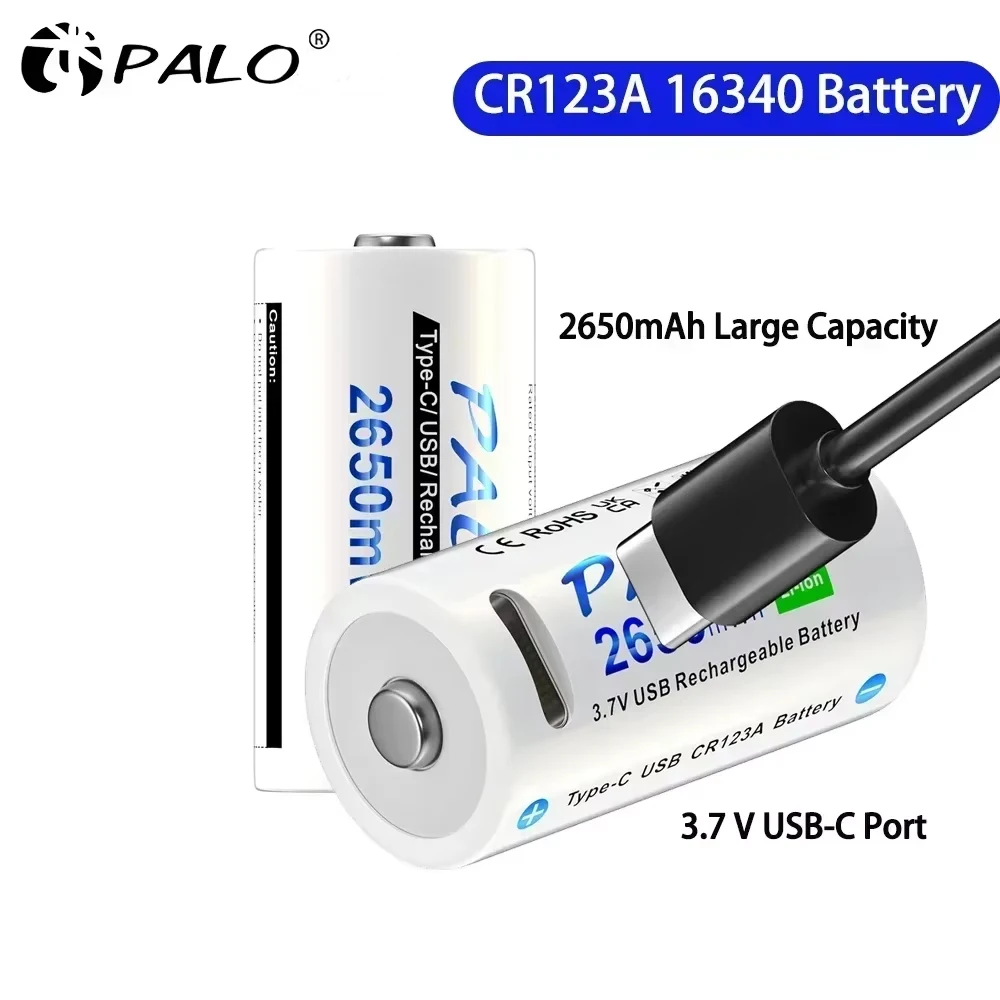 PALO CR123A Battery 2650mWh 16340 RCR123 3.7V Rechargeable Battery 100% Capacity USB Lithium CR123 16350 Bateria + Type-C Cable