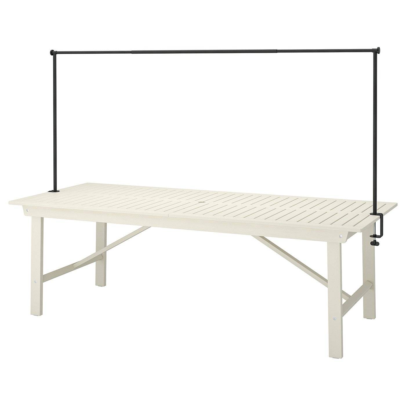 BONDHOLMEN / HELGEÖ bord med dekorationsstång, utomhus vit/beige/svart, 235 cm