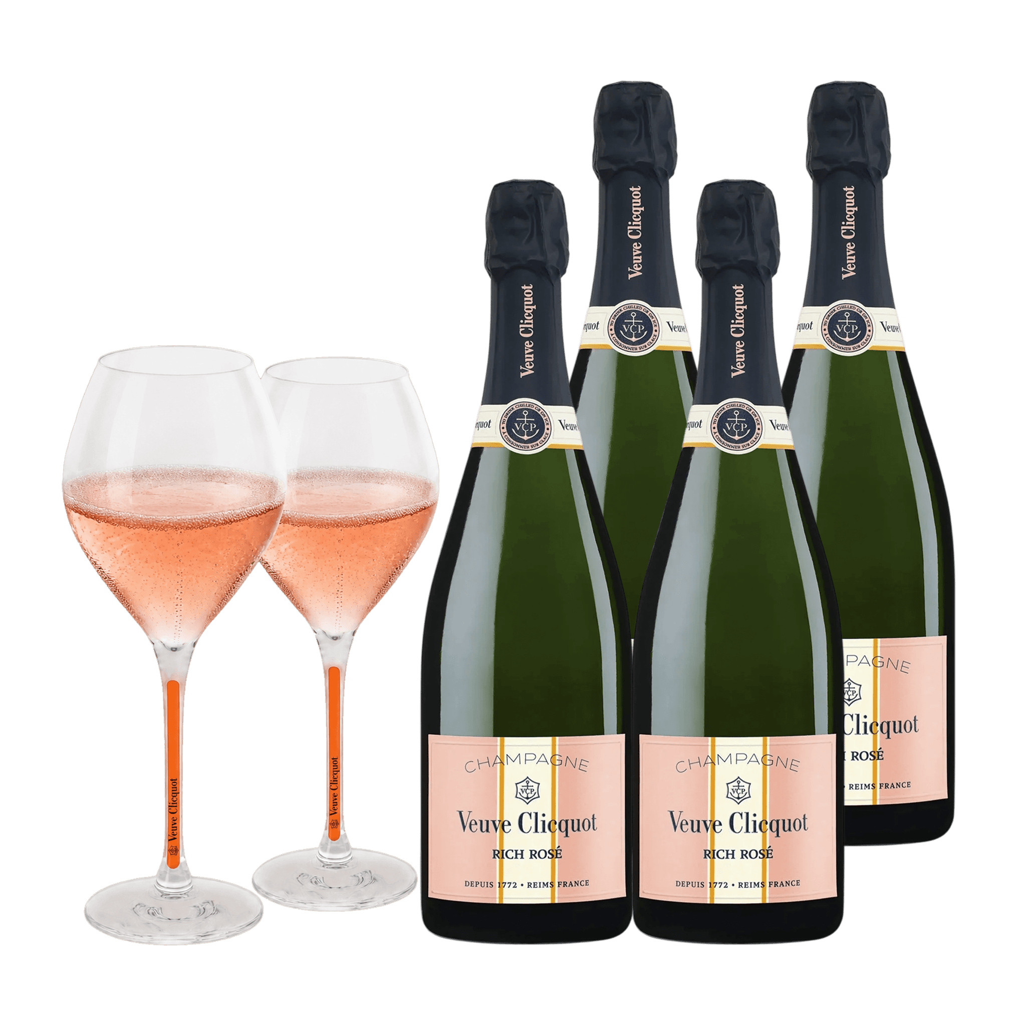 Champagne Veuve Clicquot RICH Rosé 75 cl. (4 stk. + 2 Veuve Clicquot glas)