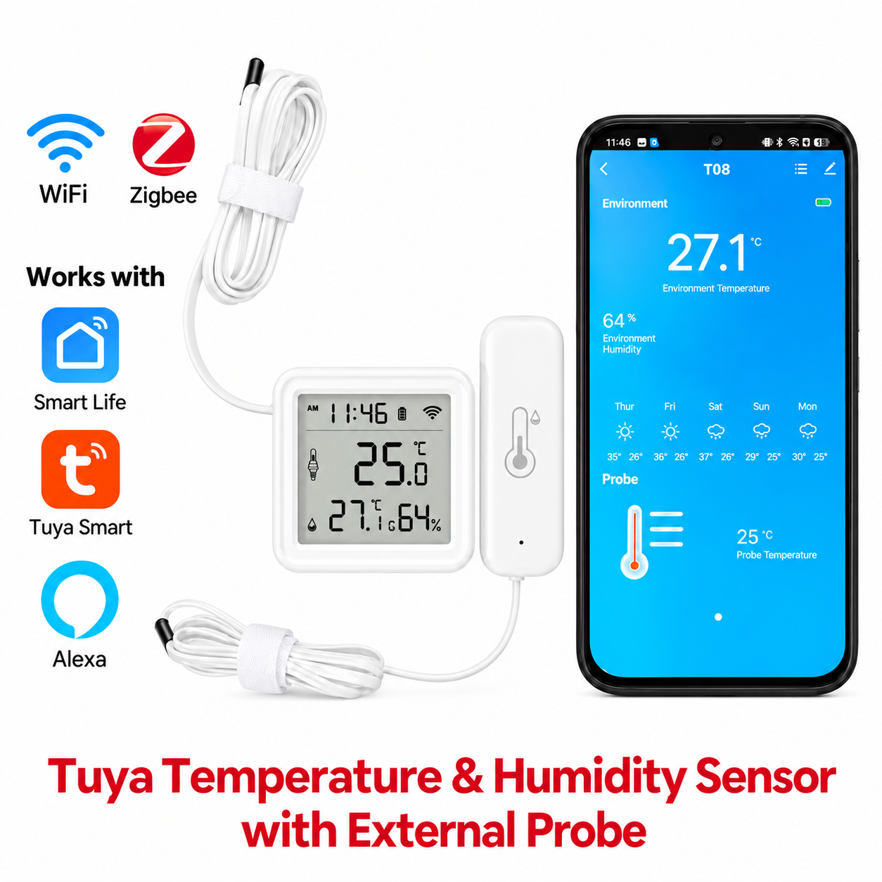 External Probe Temperature Humidity Sensor Tuya WiFi Zigbee Waterproof Probe Thermometer Hygrometer Pool Aquarium Smart Life