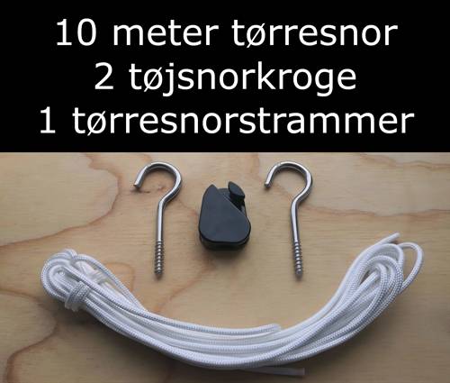 Tørresnor med udtræk. Udtrækkelig tøjsnor med tøjsnorkroge og tørresnorstrammer med 4 mm snor