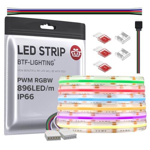 BTF-LIGHTING FCOB COB RGBWW(2 700 K) hög densitet flexibla LED-remsor 5 m 896LED/M DC24 V IP66 vit PCB flerfärgad för gör-det-själv heminredning (inkluderar inte strömförsörjning och kontroll)