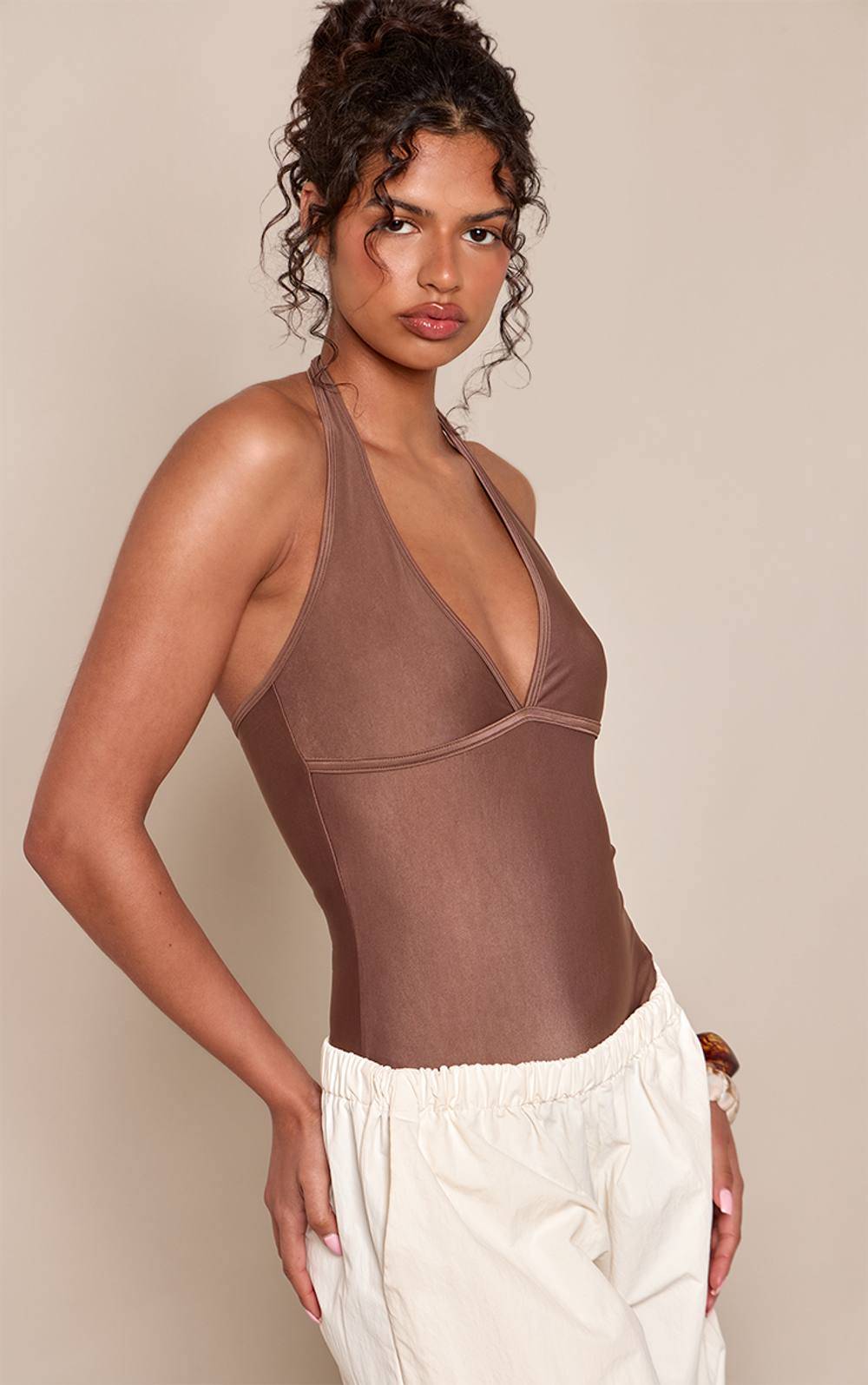 Espresso Polyamide Halterneck Plunge Bodysuit, chocolate - M.