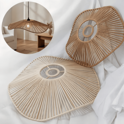 Handgjord vävd lampskärm i lantlig bohemisk stil med volangkant, lämplig för takdekoration i vardagsrum, matsal och sovrum, vintage lampskärm i rottin