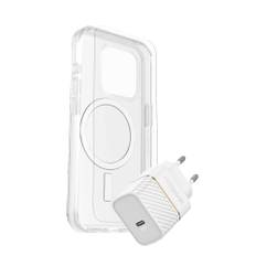 iPhone 15 OtterBox Protection + Power Kit - MagSafe Cover, Skærmbeskyttelse & 30W Vægoplader - Gennemsigtig / Hvid