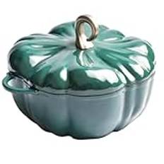 Pumpkin Cocotte, Pumpkin Cast Iron Dutch Oven, 3.7L Pumpkin Shape Cooking Pot Enamel Pot, Pumpkin Pot with Lid, Stew Pot Soup Pot, Serves 3-5,Green