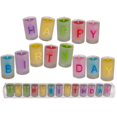 Farvede lys i glas - Happy Birthday