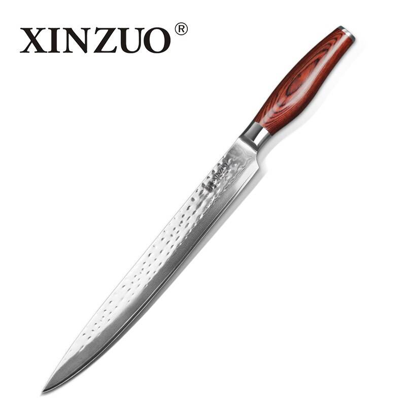 Xinzuo 10 " tum klyvkniv damaskus stål köksskärkniv japan köksverktyg vg10 sashimi sushi knivar pakkawood handtag - Rött handtag