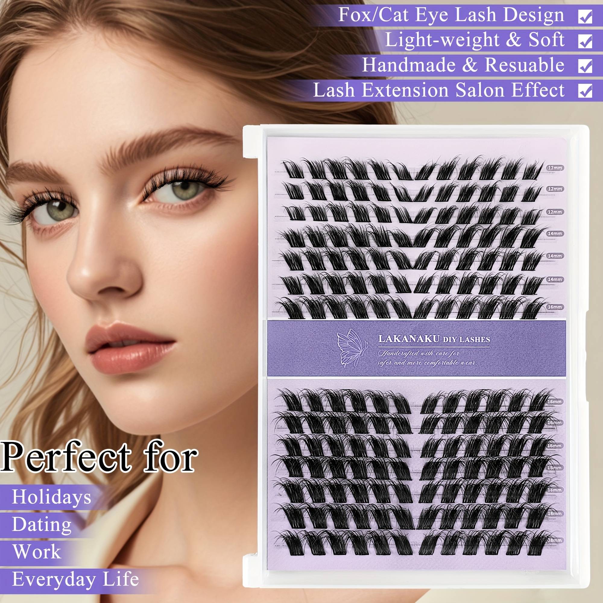 LAKANAKU 3D Fluffy Cluster Fox Eye Individual Eyelash Extensions  for DIY Cat Eye Clusters Lifted Effect for Daily Makeup