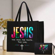 Simple Handbag&Makeup Bag With &#34;Jesus&#34; Cross Colored Print, Black Mesh Bag Two Pieces Set, Storage Bag, Washing Bag, Suitable For Women&#39;s Cosmetics St - Black - Multi-size