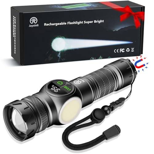 Jayxinli LED-Ficklampa 500 000 Lumen med Magnet, USB-Uppladdningsbar med LCD-Effektdisplay, COB 9 Ljuslägen och Zoom