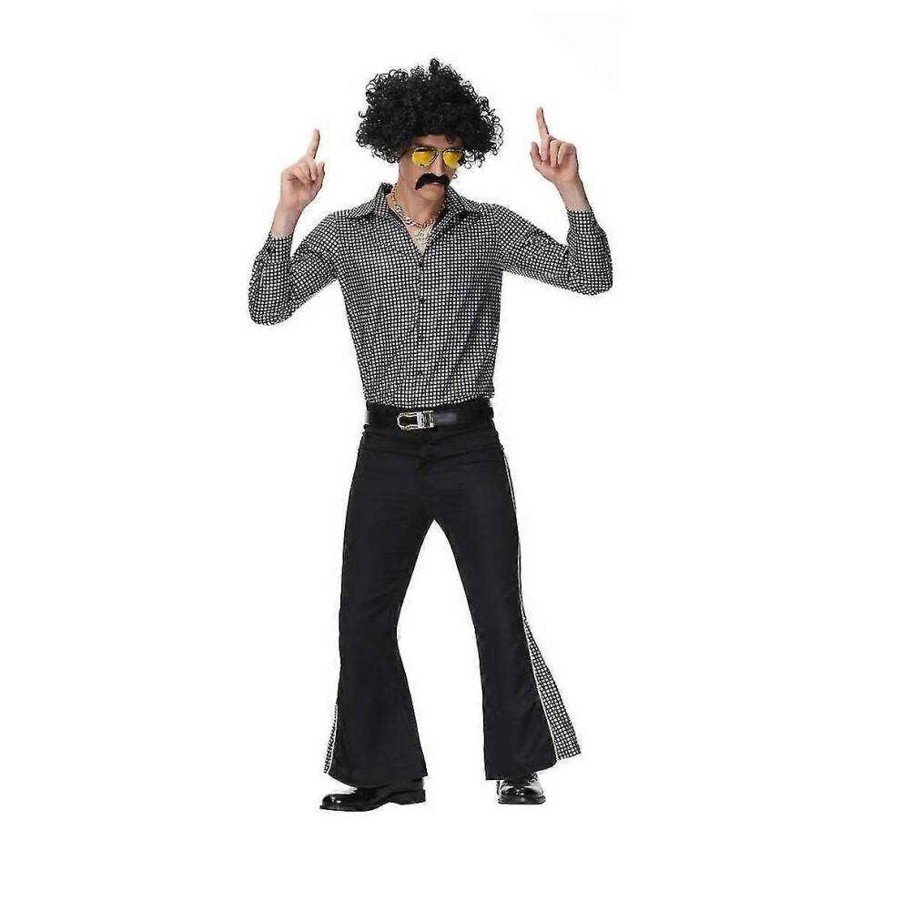 (M, Black A) Retro 70s Hippie Cosplay Costume Halloween Costume Suit For Men Fancy Disguise Carnival Party Vintage Rock Disco Night Club