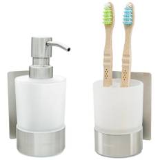 Dolvhin® Seifenspender und Zahnputzbecher Set | Milchglas Handseifenspender & Zahnbecher | Edelstahl Zahnputzbecherhalter ohne Bohren | Wandseifenspender zum Kleben | Badezimmer Set | Silber Grau