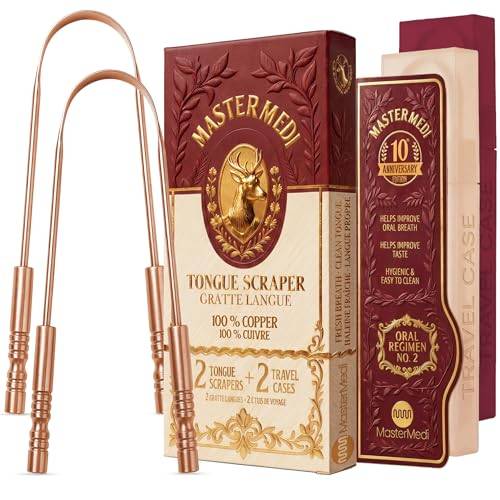 MasterMedi 100% reines kupfer zungenschaber mit reiseetui - 2 pack all natural ayurveda zungenreiniger, bannt mundgeruch und pflegt mundhygiene, groß grip (Set of 2 (Copper Tongue Scraper))