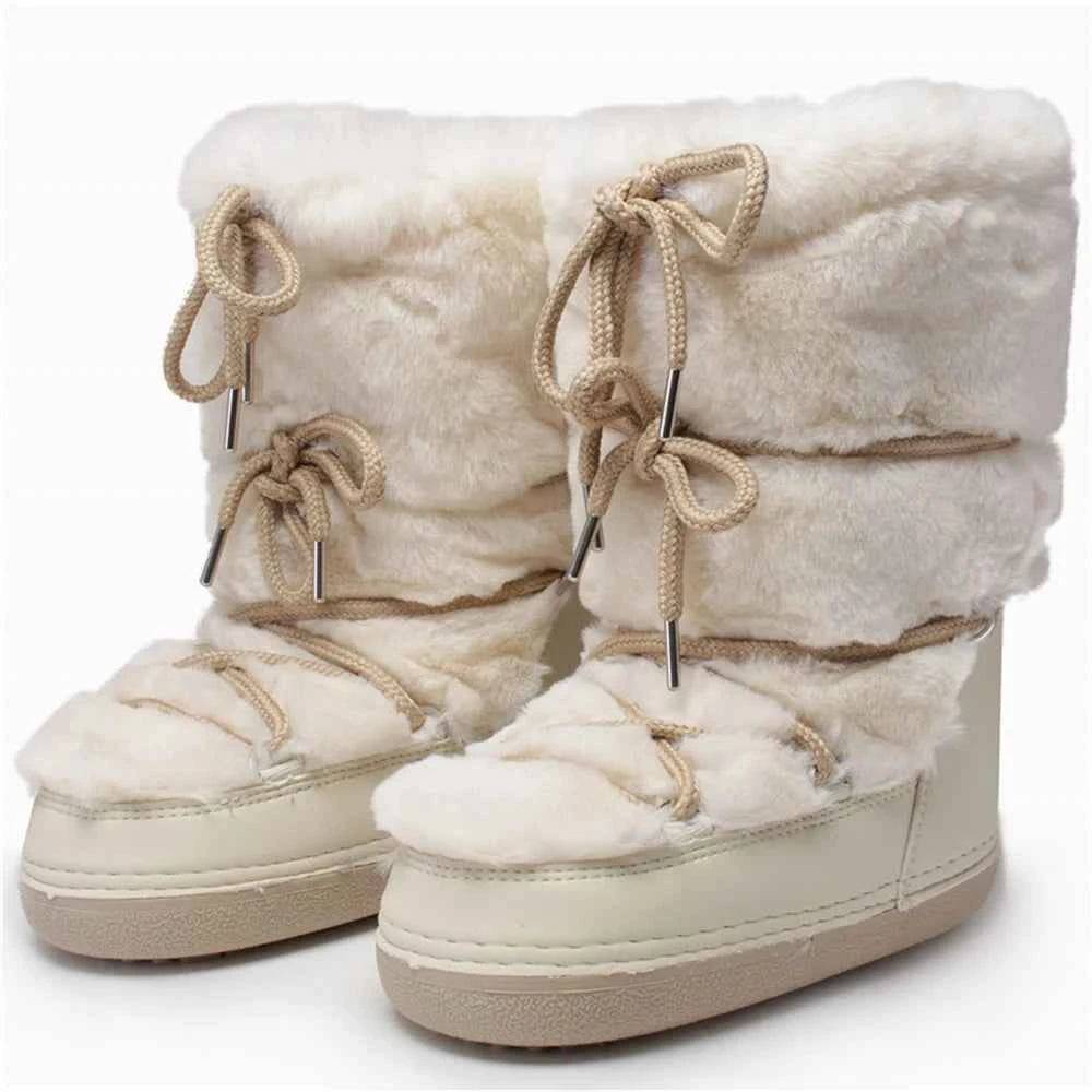 Faux Fox Fur Snow Boots Furry Warm Cotton Boots Female Outdoor Ski Boots - beige B3 / 39-40(24.5-25cm)