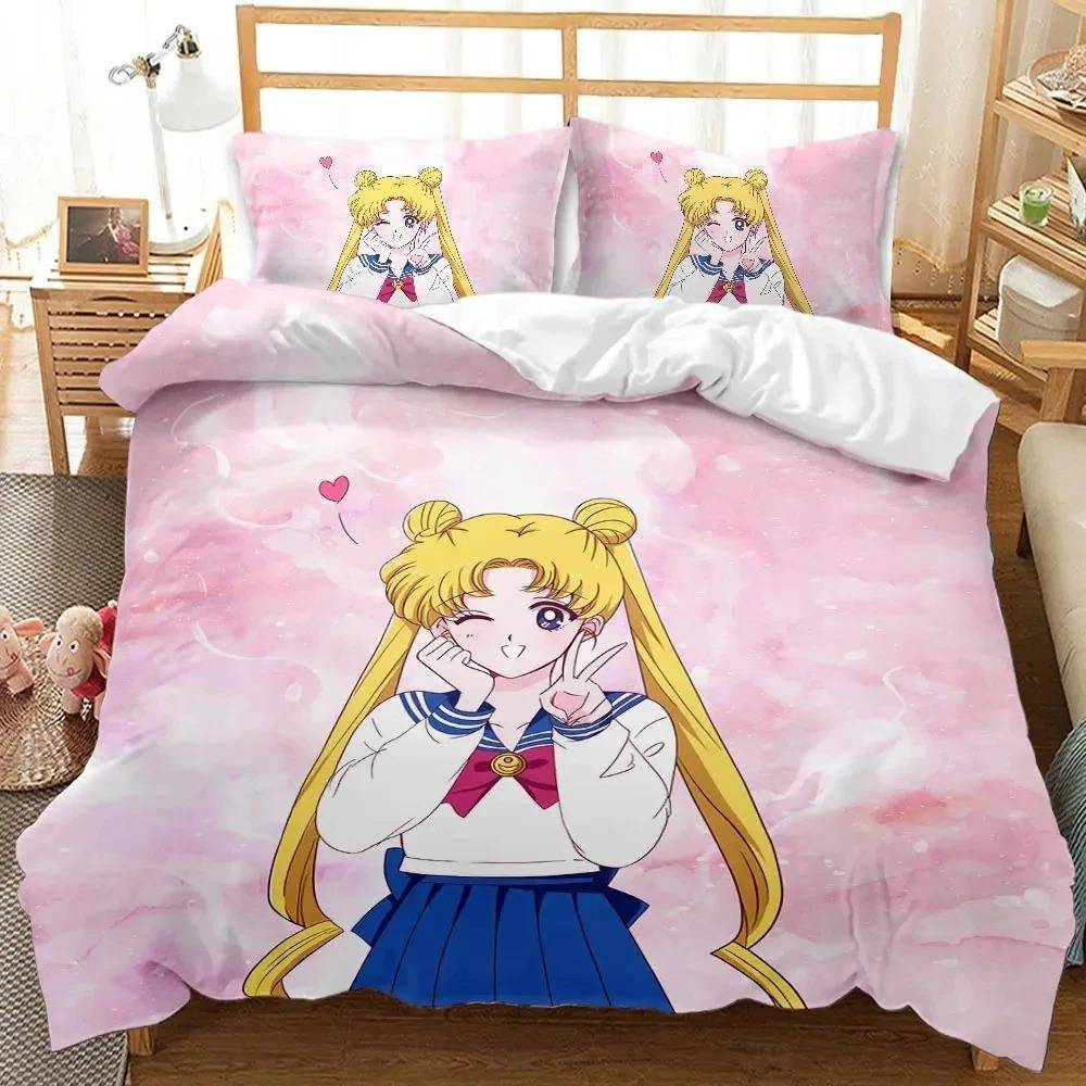 Kawaii Sailor Moon Sängkläder Set för pojkar Flickor Lyxigt Påslakan Rosa Täcke Dubbelt Påslakanset med Överkast camas EU Single 135x200cm