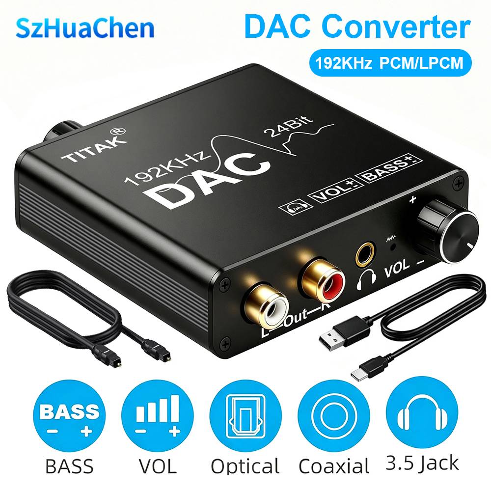 192KHz/24Bit DAC Digital to Analog Audio Converter Digital SPDIF Optical Toslink Coaxial to Analog Stereo L/R RCA and 3.5mm Jack