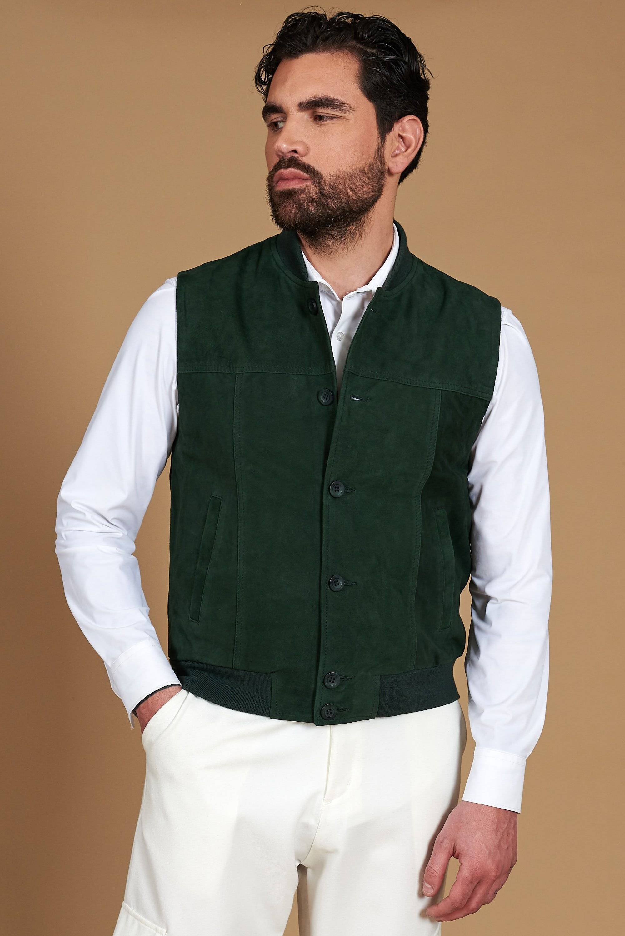 Green suede leather vest with buttons - 52/L