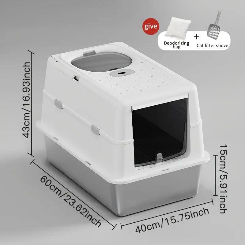 Enclosed Stainless Steel Cat Litter Box with Flip Cover & Non-Slip Mat - M-White