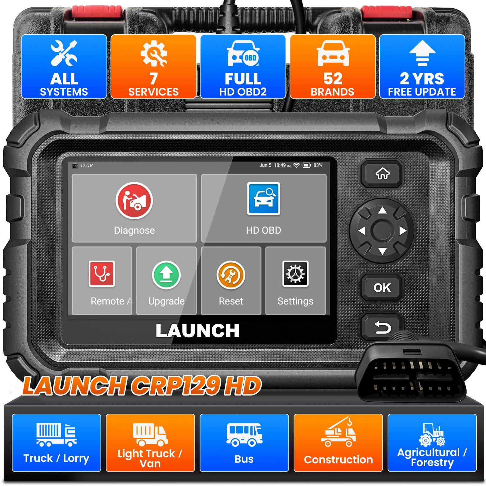 LAUNCH X431 CRP129 HD Heavy Duty 24V Truck Diagnostic Tools Commercial Diesel Auto Full System Scanner DPF OIL 7 Reset Service