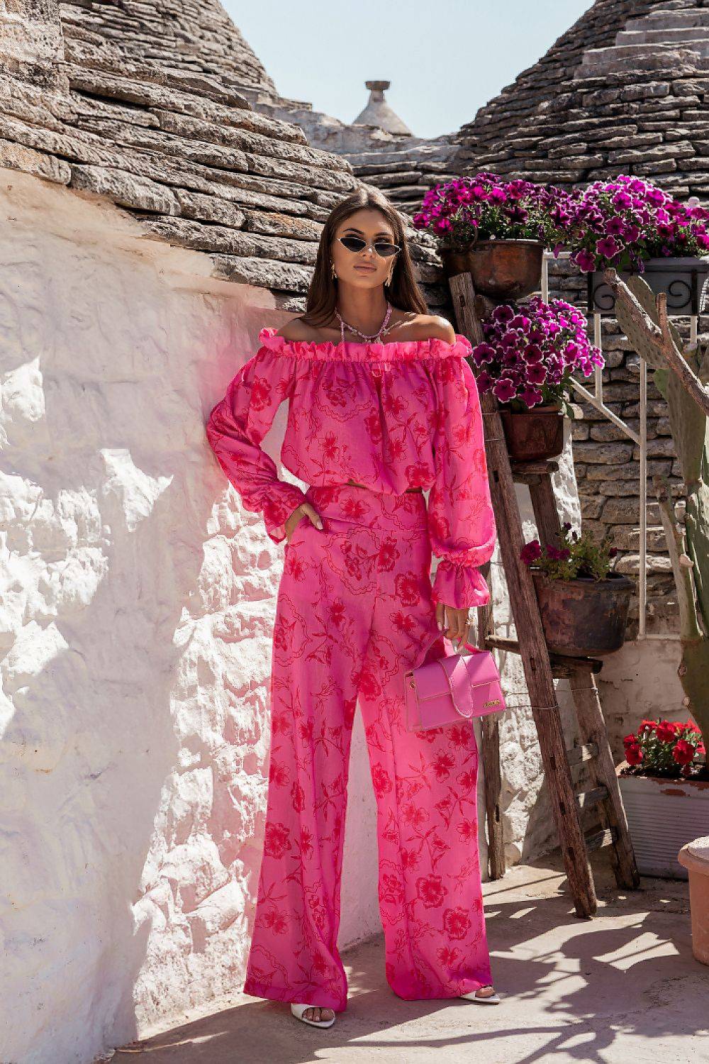 LaBalancia - Romantic Off-Shoulder Floral Wide-Leg Linen Set - Pink - M/L (M/L)