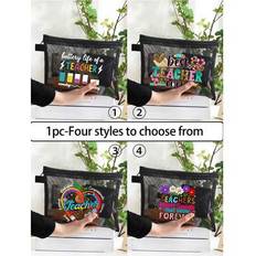 1pc Black Transparent Hollow Mesh Cosmetic Bag With Cartoon Apple, Pencil, Leopard Print Heart, Letter Print Zipper Women's Cosmetic Bag, Short Trip C - Multicolor - Style 1 (1 Piece),Style 2 (1 Piece),Style 3 (1 Piece),Style 4 (1 Piece)