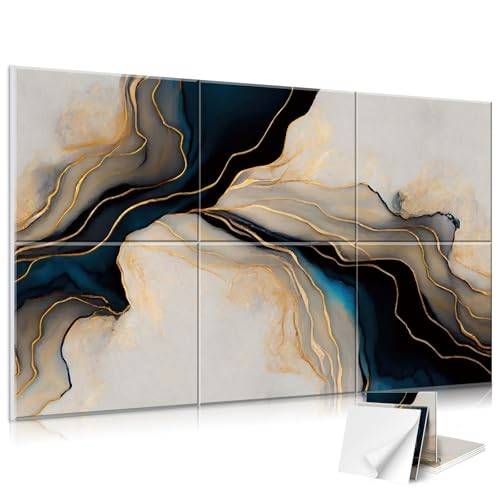 JBER Akustikpaneler med konst, 6 st. självhäftande paneler som bildar stora målningar, ljudabsorberande paneler för inspelningsstudio, vardagsrum och sovrum, 120 x 68 cm (svart, guld marmor)
