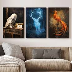 TEMU 3pcs Vintage Canvas Art Set - , Elk & Phoenix | Unframed Wall Decor For Living Room, Bedroom, Office | Fantasy Movie Character Prints | Perfect Gift Idea