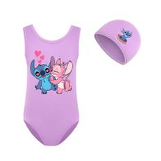 Lilo & Stitch Badedragt til Piger - Tegneserie En-delt Badedragt med Kasket til Sommer Strandferie Pool Surf Lilla 7-8 År Lilla