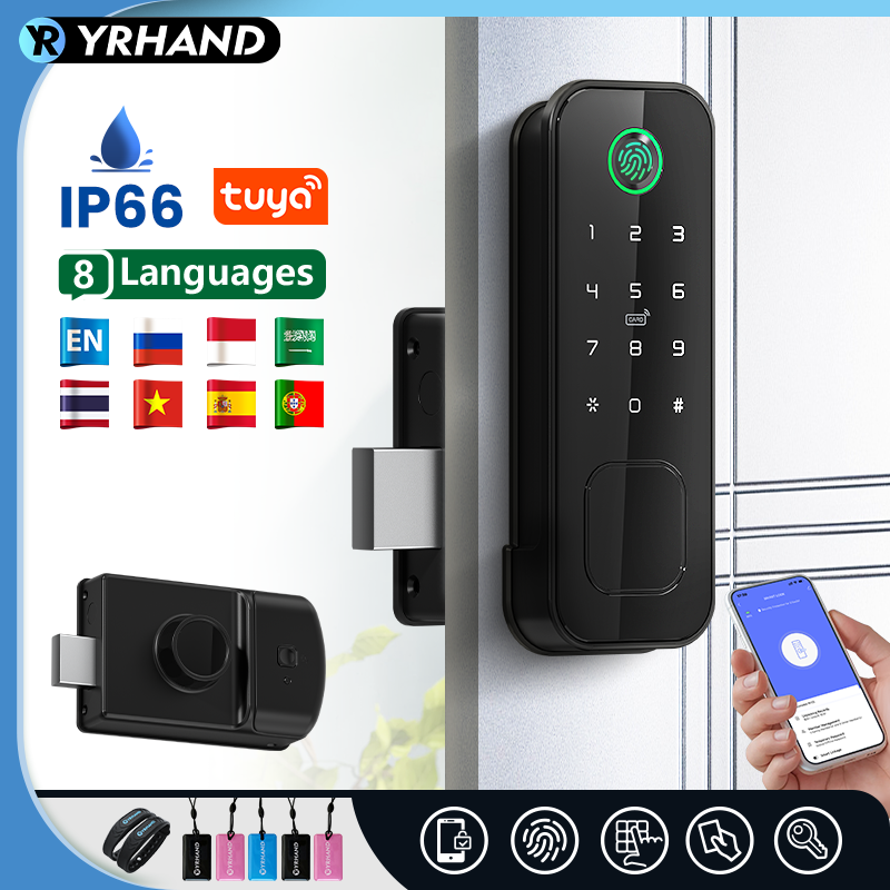 YRHAND Tuya wifi 8 language Fingerprint IP66 Waterproof Outdoor Gate Passcode Rfid Card Keyless Smart Rim Lock   For home