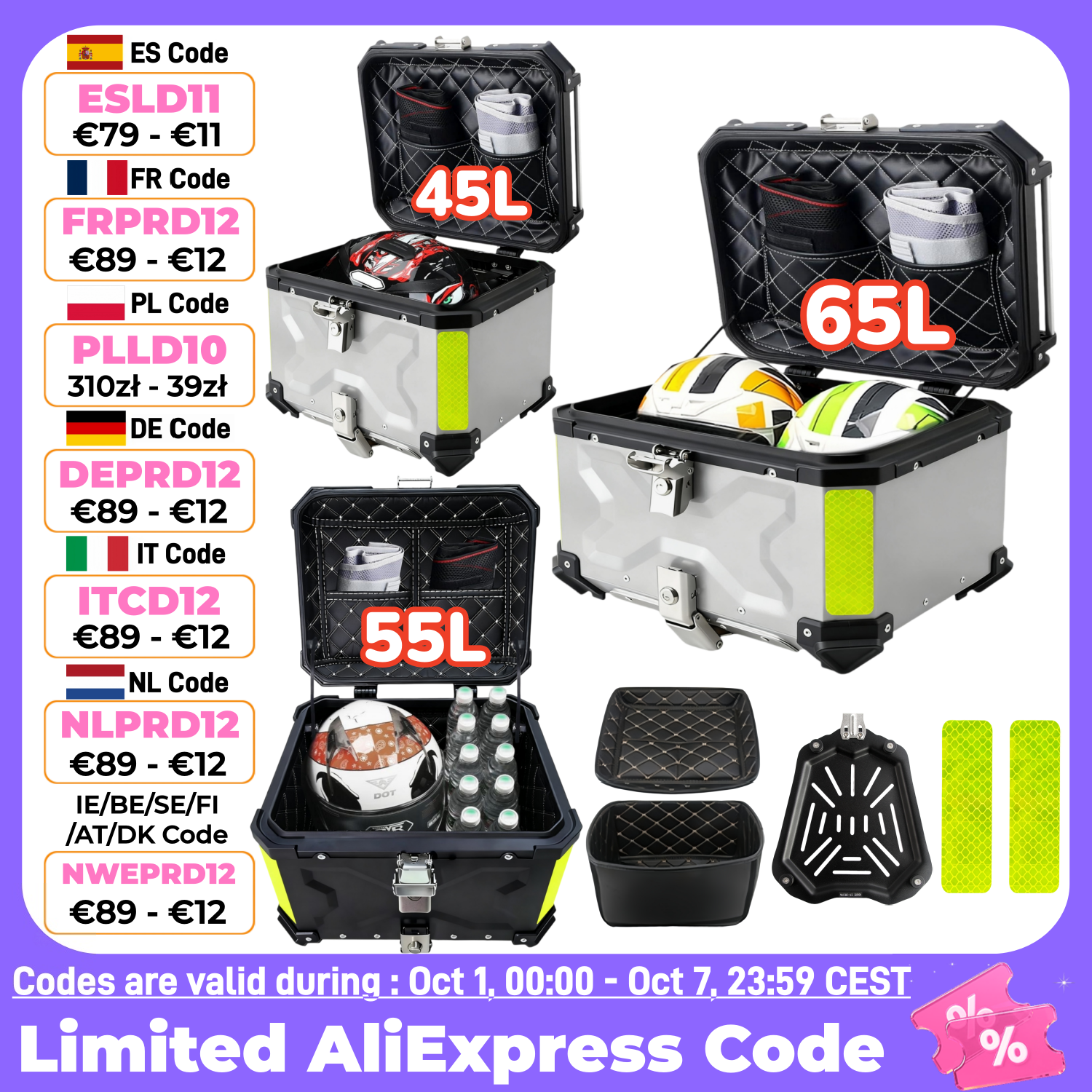CNC Aluminum Alloy Motorcycle Top Case Helmet Box Silvery Waterproof Motorbike Trunk Tail Box Quick-lock Rear Luggage Case Tool Box