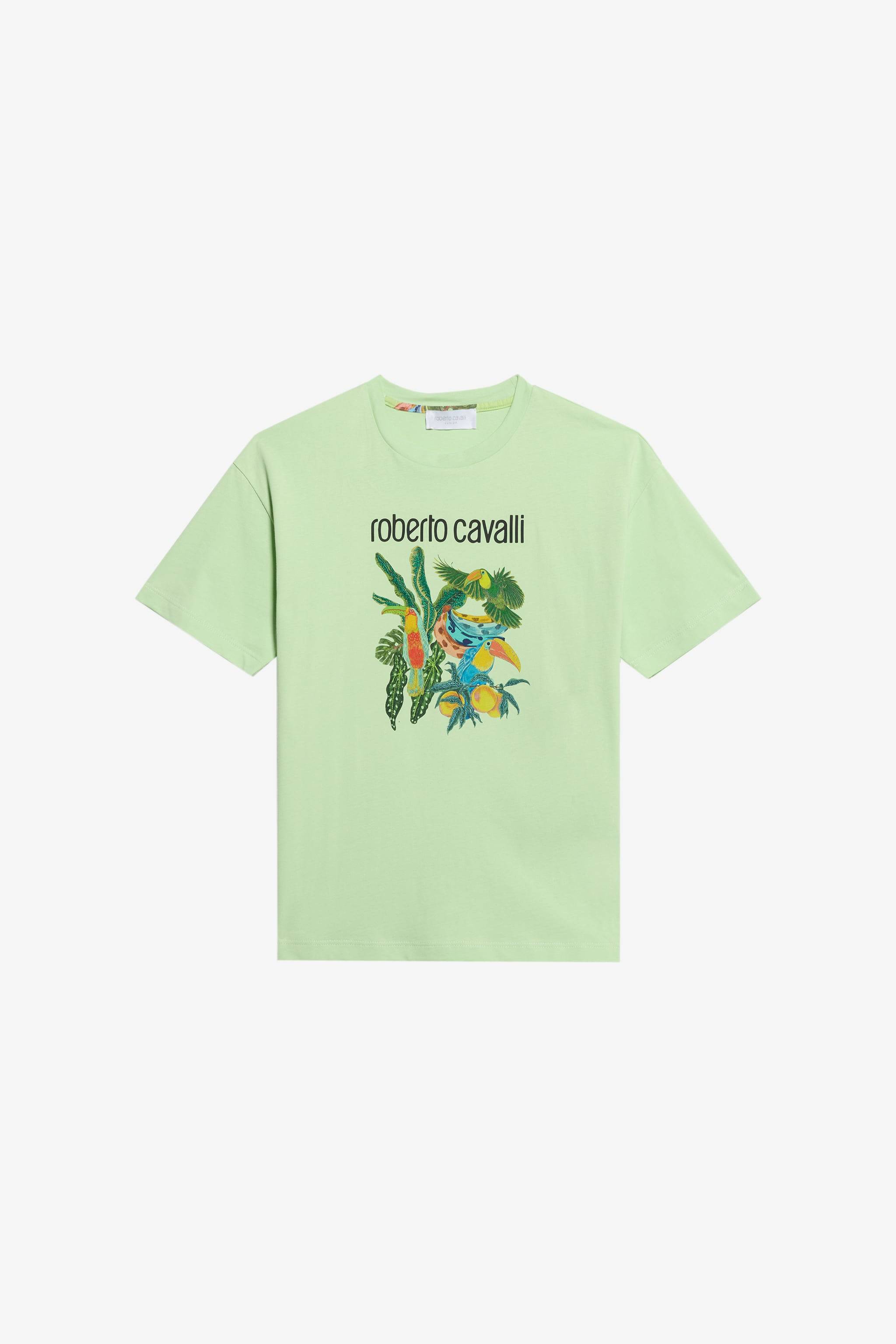 Roberto Cavalli Light Green T-shirt With Tropical Print - Boy Ready To Wear Green Lettuce 08a