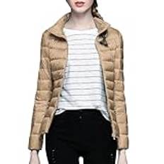 Dam linneskjorta vardaglig blus topp dam enfärgad stående krage hatlös lätt dunjacka topp (med förvaringsväska) blekt t-shirt, Khaki, 4XL