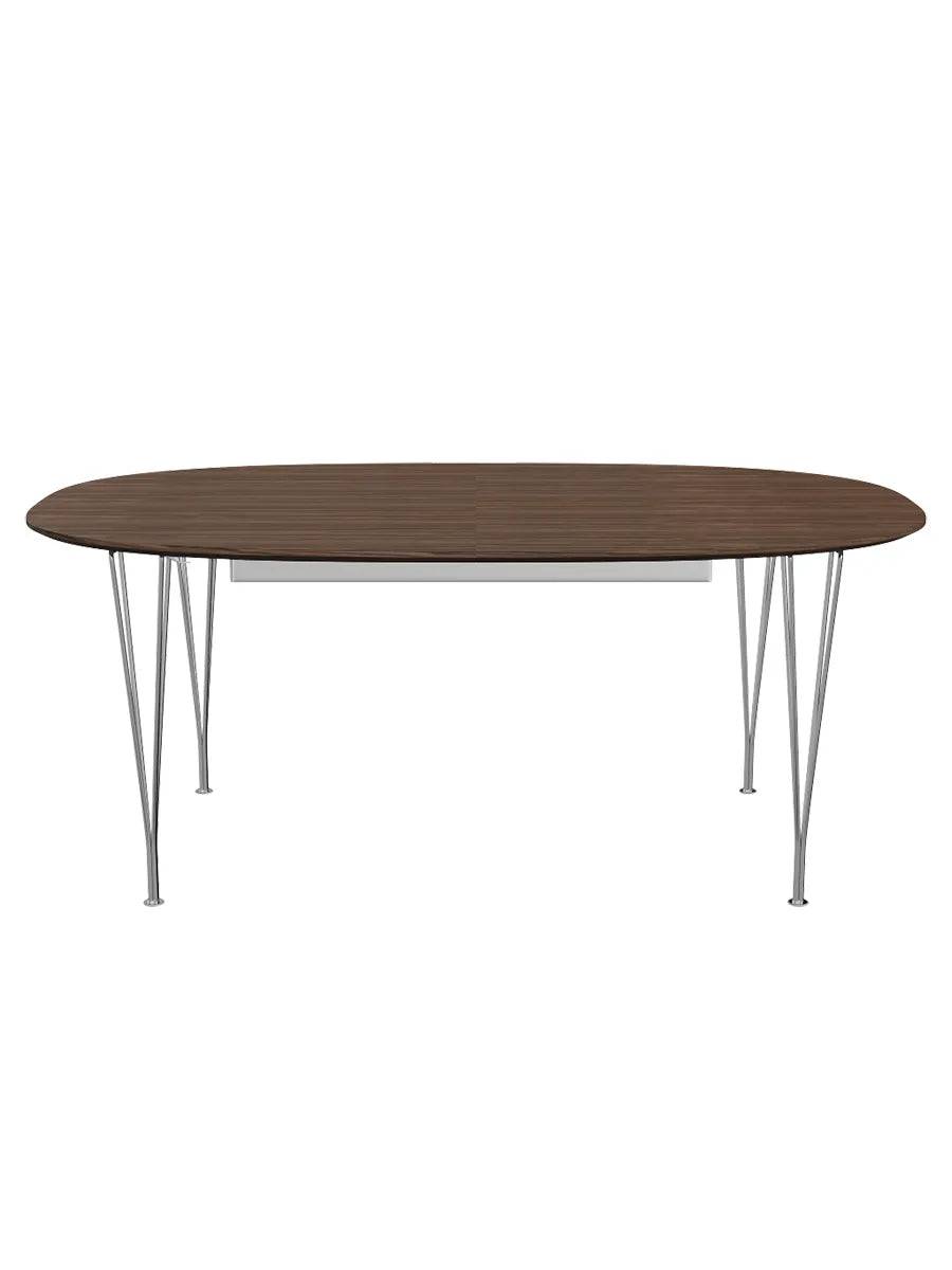 Piet Hein B619 Superellipse udtræksbord, 180/300 x 120 cm fra Fritz Hansen Valnød finér m. finérkant - Krom stel - Jacobsen Plus