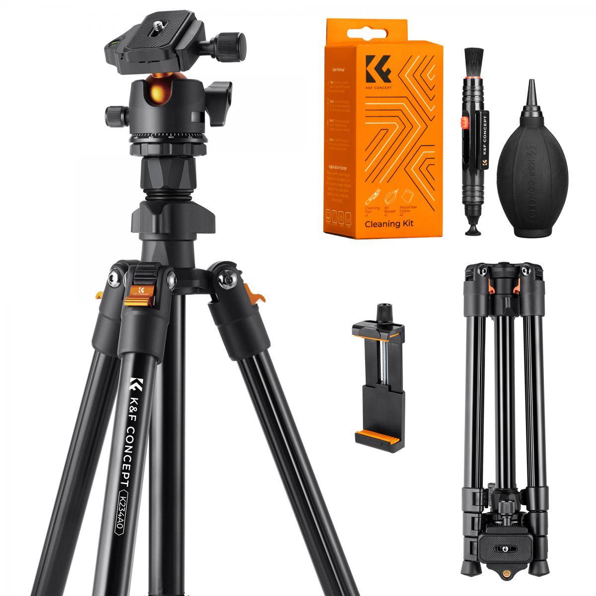 KENTFAITH 64"/1.6m Camera Tripod Lightweight Vlog Travel Tripod Compact Flexible & Portable 17.6lbs/8kg Load with Portable, for DSLR Cameras O234A1+BH-36 + 4in1 DSLR Camera Cleaning Kit (Lens Dust Blower Cleaner + Cleaning Pen + Macrofiber Cleaning Cloth)