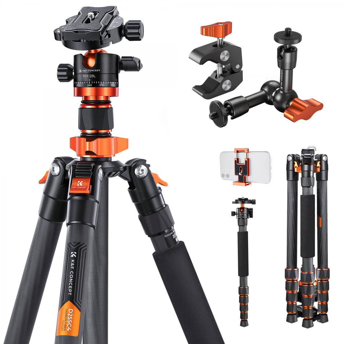 KENTFAITH 67"/1.7m Carbon Fiber Tripod 22lbs Load Lightweight Travel camera Tripod with Phone Mount and 6" Magic Arm with Super Clamp Set