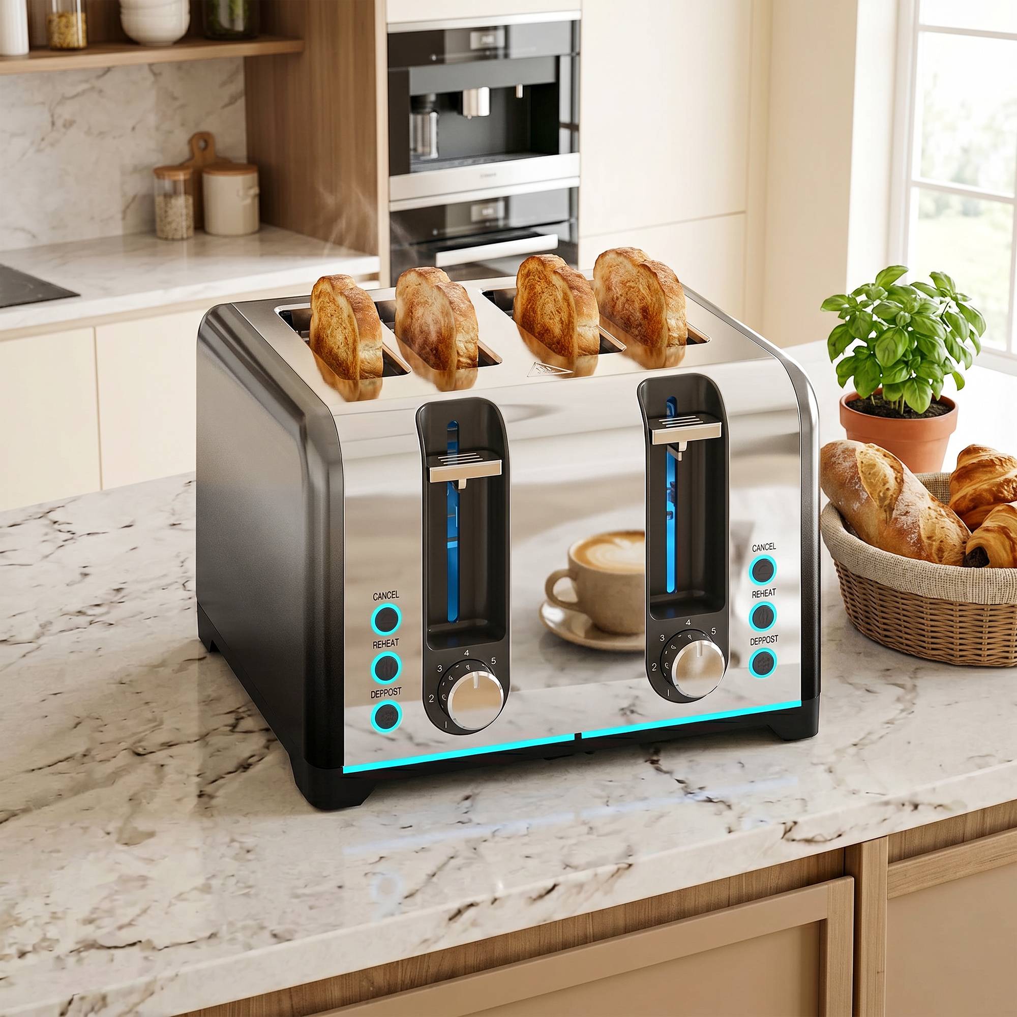 4-slice toaster, bread machine with 7 browning levels, plus preheating, defrosting, and cancel functions