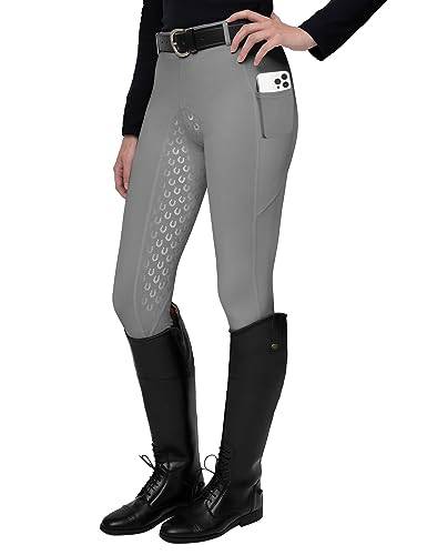 FitsT4 Sports Damen Reitleggings Silikon Vollbesatz Reithose mit Handytasche und Gürtelschlaufen,Grau,Gr.XS