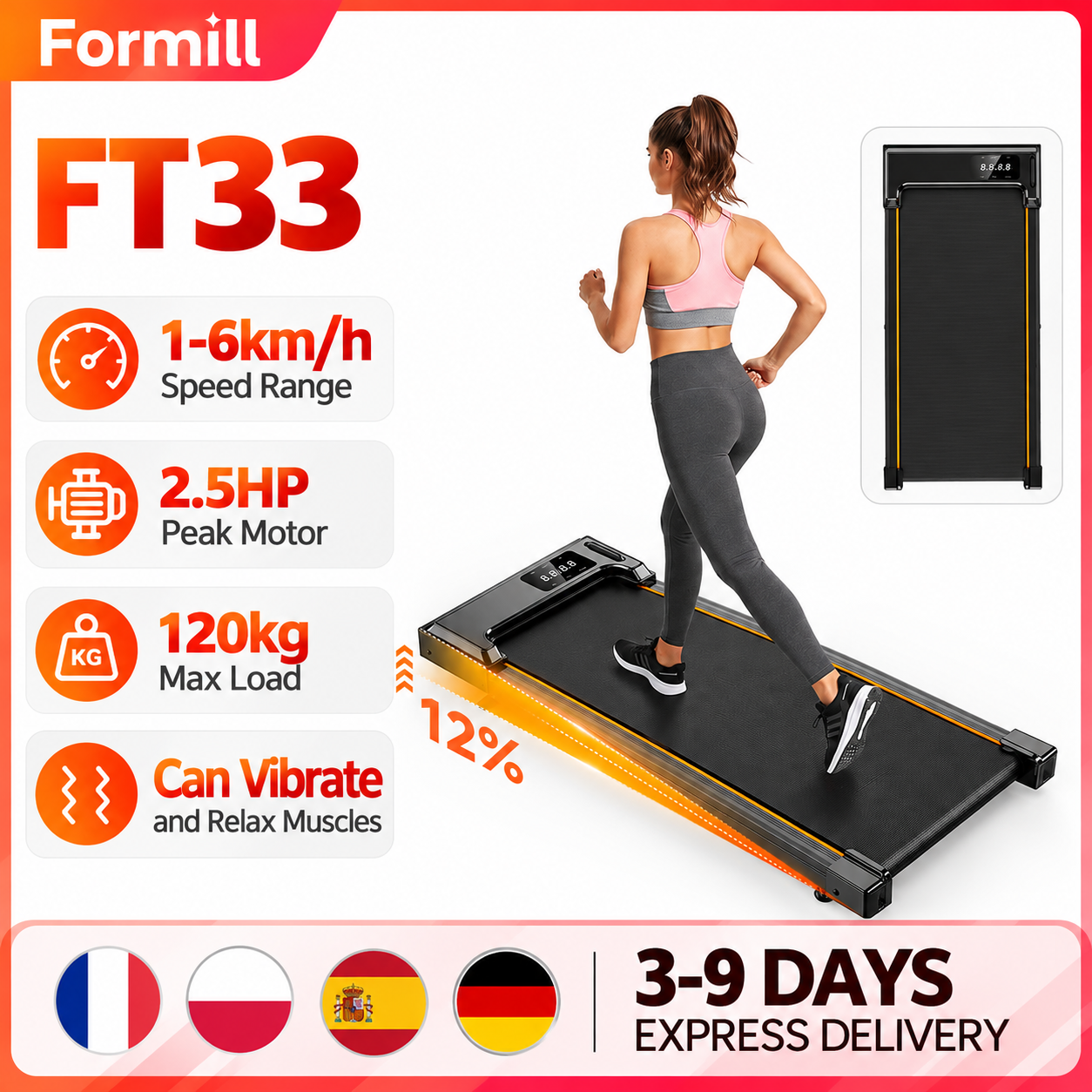 Formill 3-in-1 2.5HP Walking Pad Treadmill for Home Office FT33 Gym Equipment Treadmill 1-6km/h with Vibration Function 12% Incline 120kg Max Load Exercise Fitness Equipment