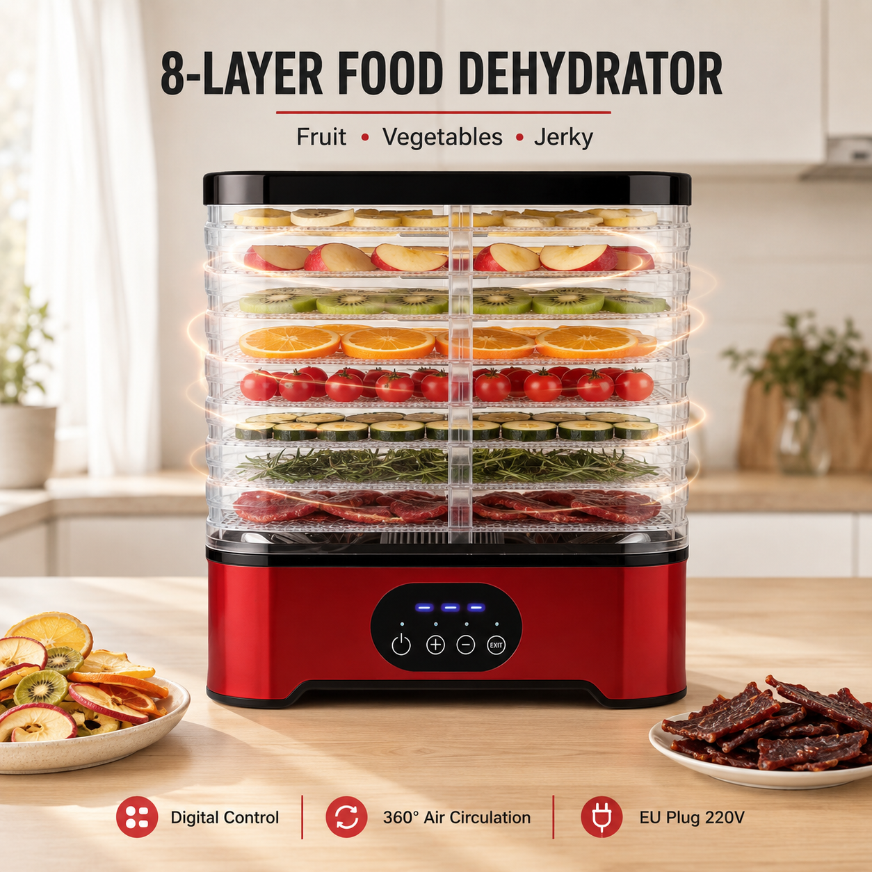 8‑Layer Food Dehydrator EU Plug 220V Digital Timer Temperature Control 360° Air Circulation Fruit Vegetable Jerky Pet Treats Dryer Machine for Home DIY Snacks