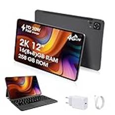 CWOWDEFU Android-surfplatta, 12-tums 4G-LTE-datorsurfplatta, tangentbordsfodral levereras, har 256 GB ROM, PD 20 W 8 000 mAh batteri, 2K-skärm, 16 (8+8) GB RAM