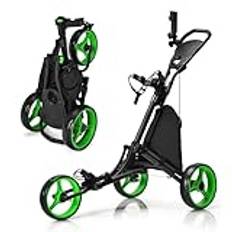 GOPLUS Golf Trolley, golftrulle, 3 hjul med justerbart handtag, fotbroms, golfvagn vikbar med paraply- och mugghållare & vattentät väska, golfcaddy golf push cart (grön)