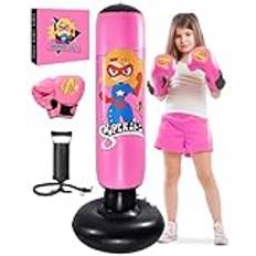 Uppblåsbar boxningssäck för barn, 3, 4, 5, 6, 7, 8, 9, 10 år, rosa, söt boxningsväska, present till flickor, fitness, utöva karate och Taekwondo